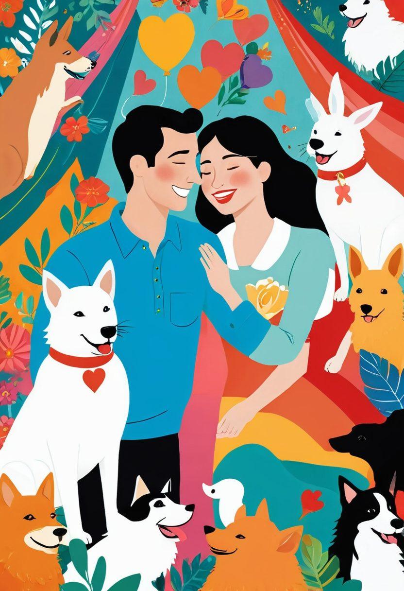 A whimsical collage depicting a couple sharing a sweet moment while surrounded by laughter-inducing antics like playful pets, comedic moments, and humorous props. The scene should radiate warmth and joy, combining elements of love and laughter seamlessly. Vibrant colors, showcasing both romantic and funny aspects, with a soft, dreamy background to evoke a sense of enchantment. cartoon style. bright hues. dynamic and playful.