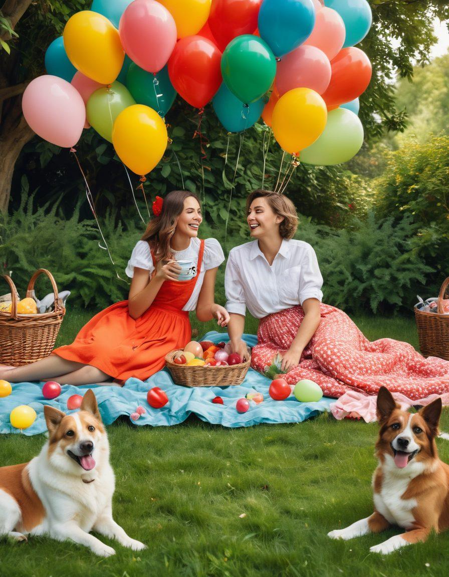 A whimsical collage featuring a cozy couple sharing a laugh over a picnic, contrasted with playful pets engaging in silly antics. Lush greenery surrounds them, evoking warmth and joy. Heart-shaped balloons float above, capturing the essence of love and laughter in a single frame. Bright colors and a soft, dreamy backdrop enhance the playful mood. vibrant colors. cartoon style.