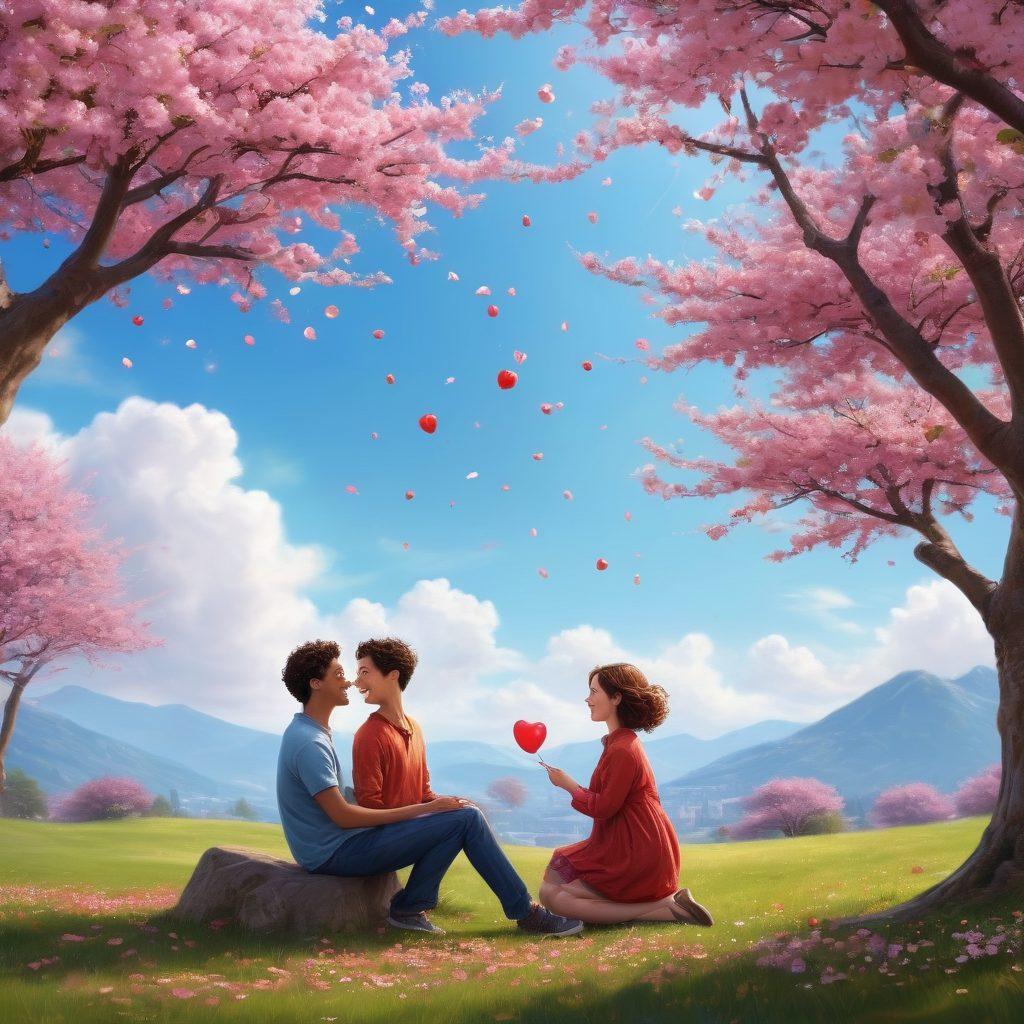 A whimsical and vibrant scene depicting a couple sharing a laugh under a sparkling cherry blossom tree, with petals gently falling around them. Their joyful expressions should radiate heartfelt joy, while funny little cartoonish characters pop up around them in humorous poses. Include elements of romance, like heart-shaped balloons and playful animals, to enhance the storyline of love and laughter. The background should be a bright blue sky with fluffy clouds. super-realistic. vibrant colors. playful illustration.